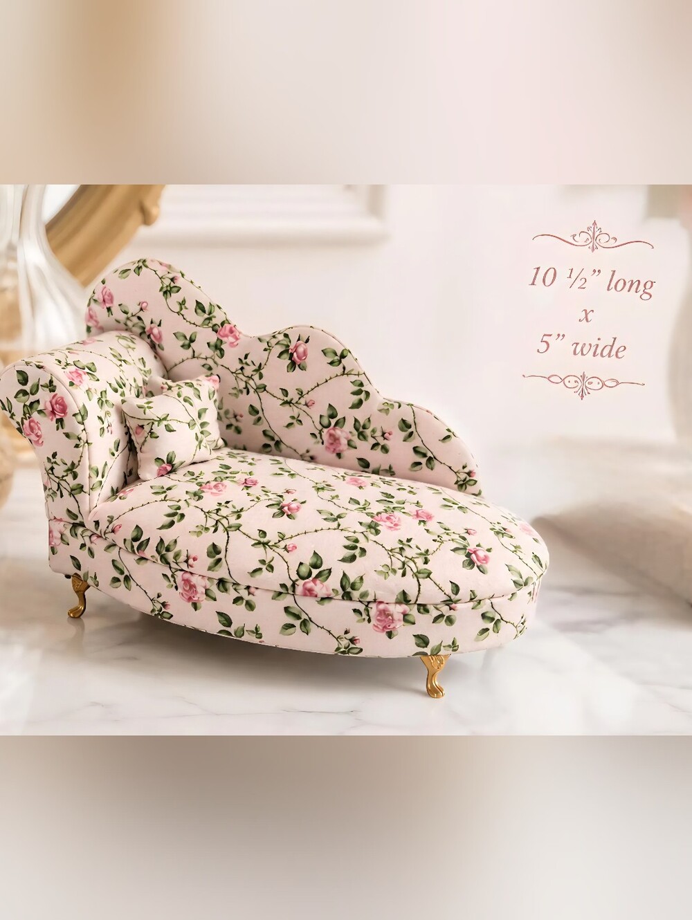 Jewelry Organizer Floral Pink Chaise Sofa Box With Mirror &Gold Legs Home